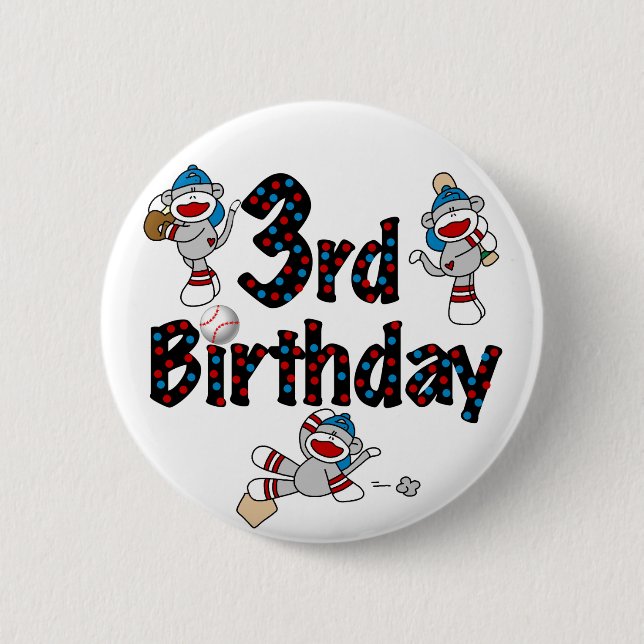 3rd Sock Monkey Baseball Birthday 6 Cm Round Badge (Front)
