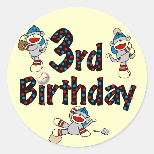 3rd Sock Monkey Baseball Birthday Classic Round Sticker (Front)