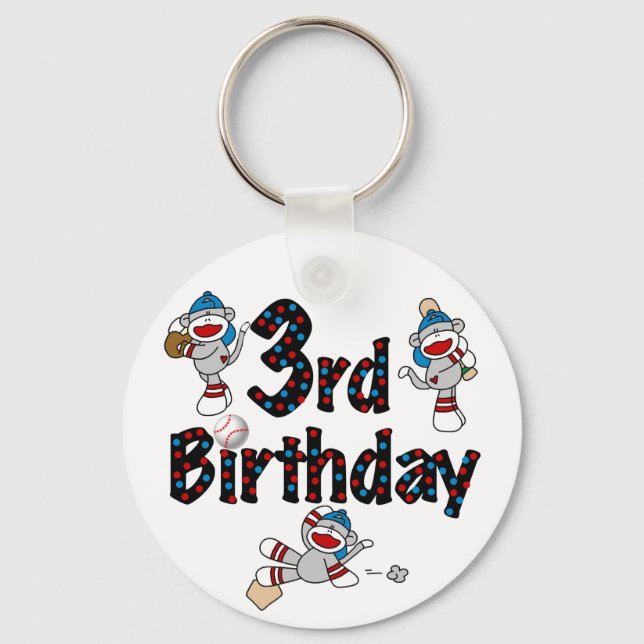 3rd Sock Monkey Baseball Birthday Key Ring (Front)