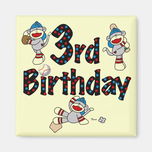 3rd Sock Monkey Baseball Birthday Magnet (Front)