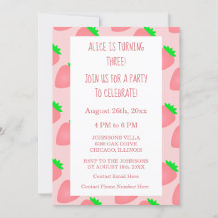 3rd Third Birthday Strawberry Pink Baby Girl 2025 Invitation