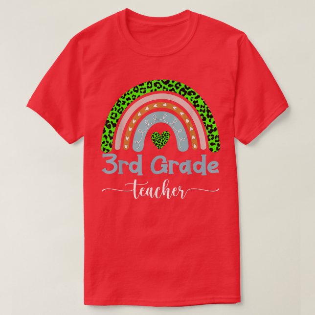 3rd Third Grade Teacher Boho Leopard Rainbow Back  T-Shirt (Design Front)