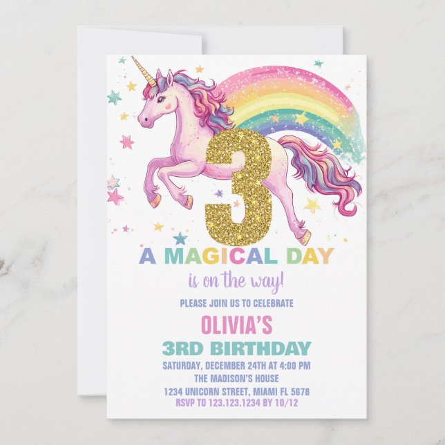3rd Unicorn Birthday Invitations (Front)
