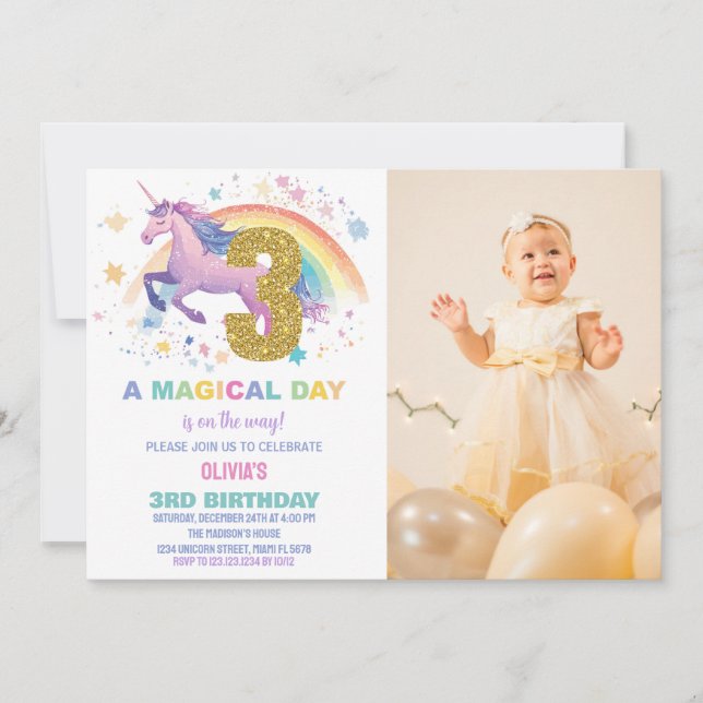 3rd Unicorn Birthday Invitations with photo (Front)