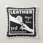 3RD Wedding anniversary holding hands traditional Cushion<br><div class="desc">If you would like any help customising this design, please use the ask this designer button, just below this text. This design has an illustration of a married couple holding hands, in black and white. The Woman's hand has a wedding ring. The text reads 3rd wedding anniversary timer leather. As...</div>