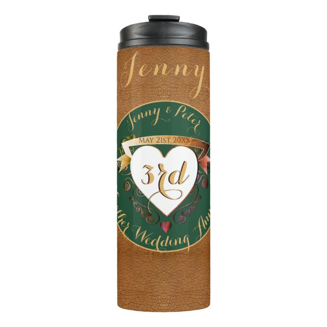 3rd Wedding Anniversary Leather Image Thermal Tumbler (Front)