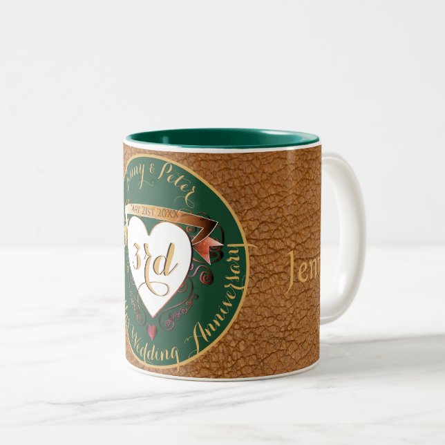 3rd Wedding Anniversary Leather Two-Tone Coffee Mu Mug (Front Right)