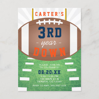 3rd Year Down Football Theme 3rd Birthday Invitation Postcard