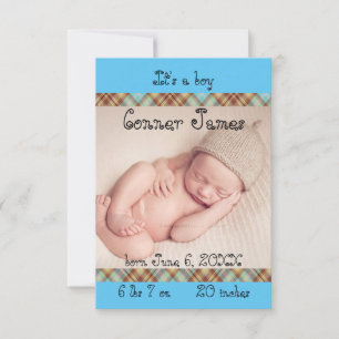 3x5 Blue Newborn Baby Boy Plaid Birth Announcement
