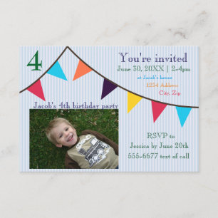 3x5 Boys Birthday Invitation Blue Striped Banner