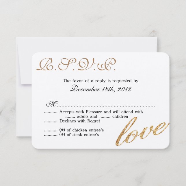 3x5 R.S.V.P. Reply Card Gold Foil Glitter Love (Front)