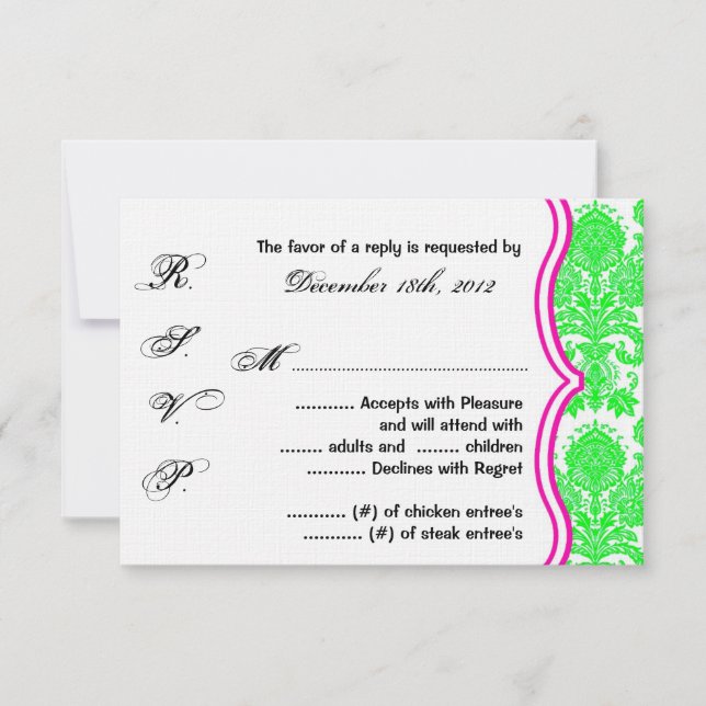 3x5 R.S.V.P. Reply Card Neon Green Pin Damask Lace (Front)