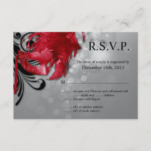 3x5 R.S.V.P. Reply Card Red on Silver Masquerade
