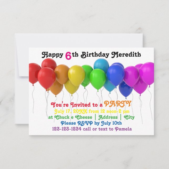 3x5 Rainbow Balloons Birthday Invitation (Front)