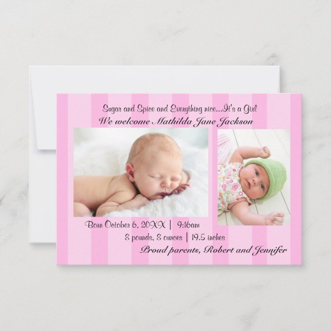 3x5 Sugar and Spice Baby Girl Birth Announcement (Front)