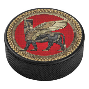[400] Assyrian Winged Bull: Gold and Black Lamassu Hockey Puck