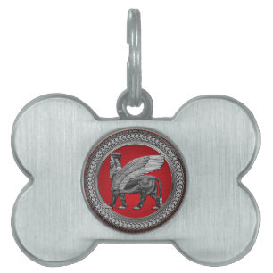 [400] Assyrian Winged Bull: Silver & Black Lamassu Pet ID Tag