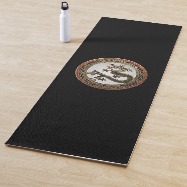 [400] Black and Gold Sacred Eastern Dragon Yoga Mat (In Situ)