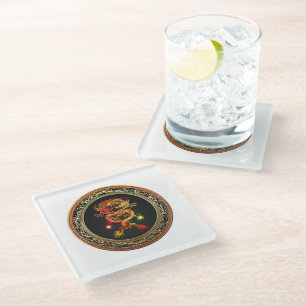[400] Red and Yellow Dragons Glass Coaster