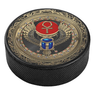 [400] Sacred Gold Egyptian Winged Scarab with Ankh Hockey Puck