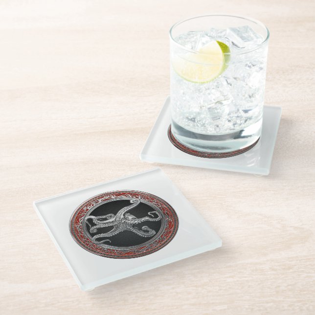 [400] Sacred Silver Octopus in Defensive Posture Glass Coaster (Angled)