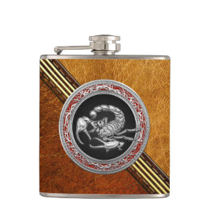 [400] Sacred Silver Scorpion on Black Hip Flask