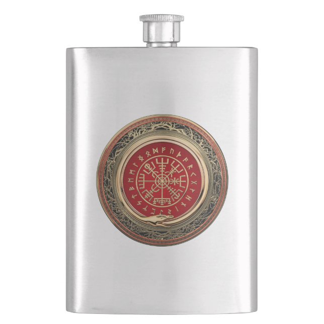 [400] Vegvisir - Viking Gold Magic Runic Compass Hip Flask (Front)