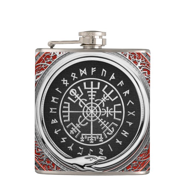 [400] Vegvisir - Viking Silver Magic Runic Compass Hip Flask (Front)