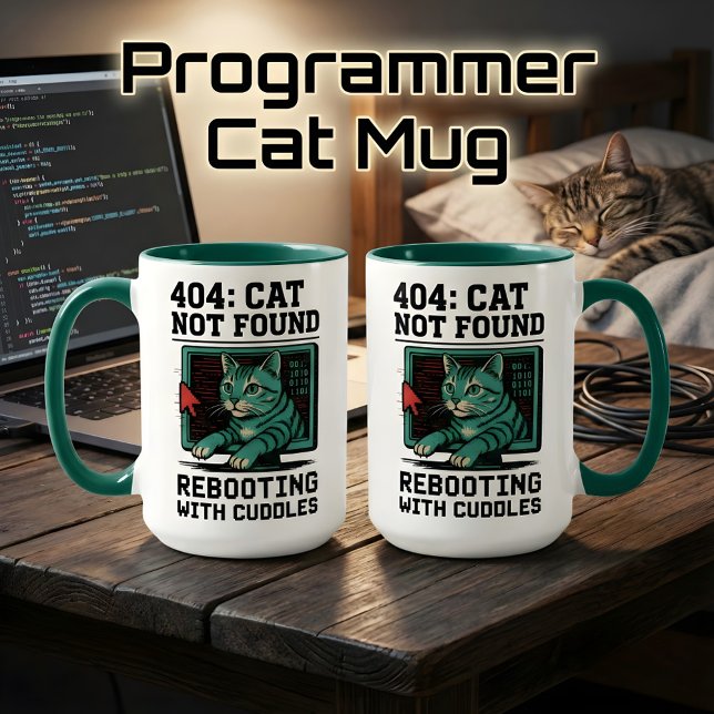 404 Error Cat Not Found Rebooting Cuddles Tech Cat Mug (Creator Uploaded)
