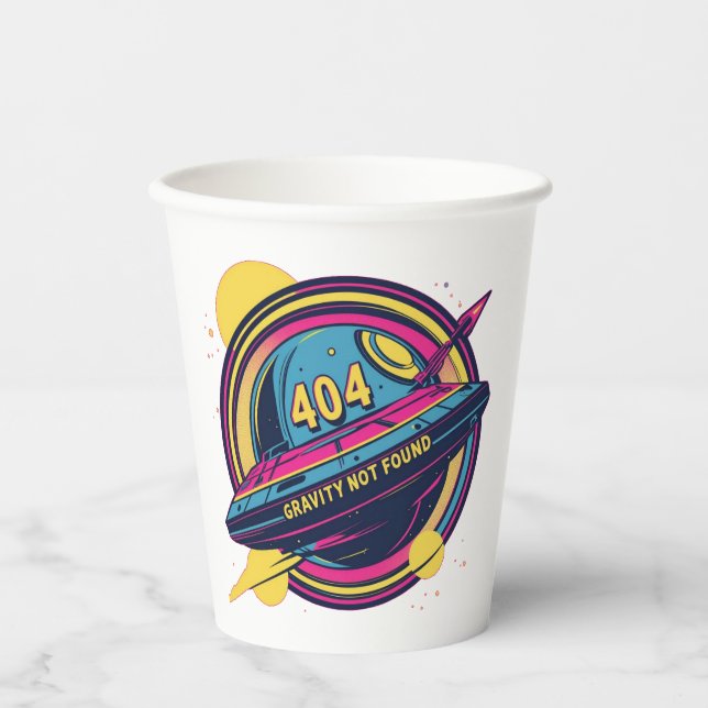 404 Gravity Not Found – Retro Space Pop Art Paper Cups (Front)