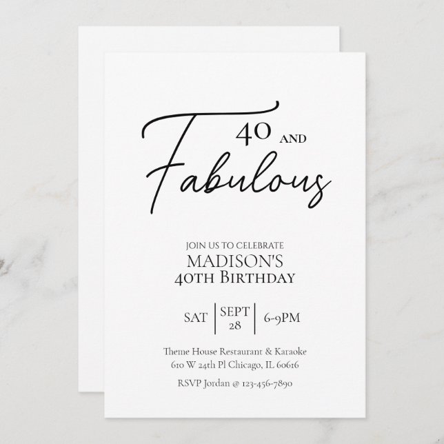 40 and Fabulous 40th Black & White Birthday Invitation (Front/Back)