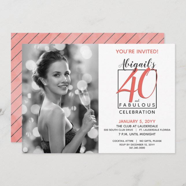 40 and Fabulous Any Number Birthday Black & Coral Invitation (Front/Back)