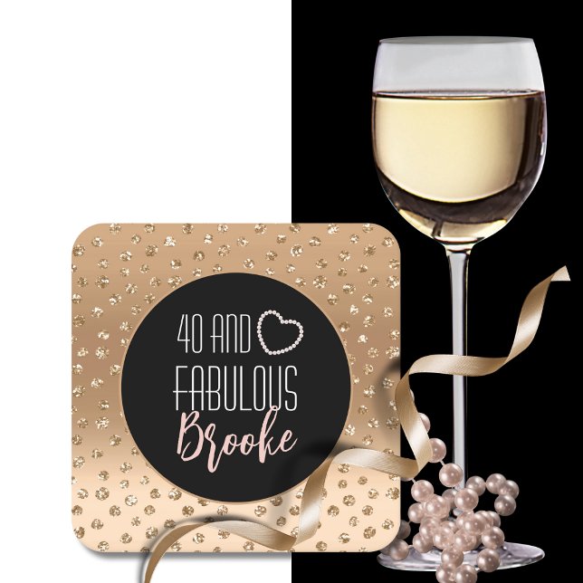 40 and Fabulous Birthday Sparkle Gold Black Blush  Square Paper Coaster (Creator Uploaded)