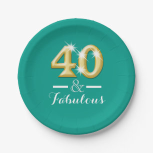 40 and fabulous birthday teal gold paper plate