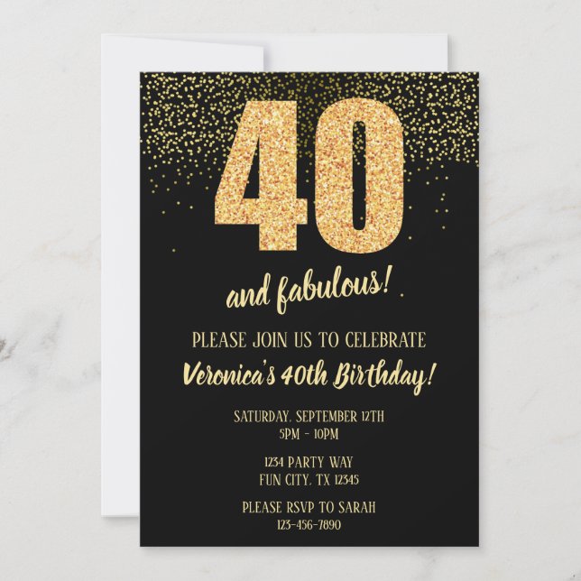 40 And Fabulous Black and Gold 40th Invitation (Front)
