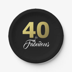 40 and Fabulous Black and Gold Birthday Party Paper Plate