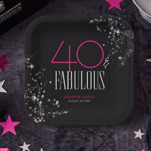40 and Fabulous Black Pink Glam Sparkle Birthday Paper Plate