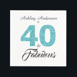 40 and Fabulous Blue Glitter 40th Birthday Party Napkin<br><div class="desc">Celebrate turning 40 in style with this elegant custom 40th birthday design, 40 and fabulous in turquoise blue glitter and black and your name in chic script calligraphy. Exclusively designed for you by Happy Dolphin Studio. If you need any help please contact us through our store. We're happy to help...</div>
