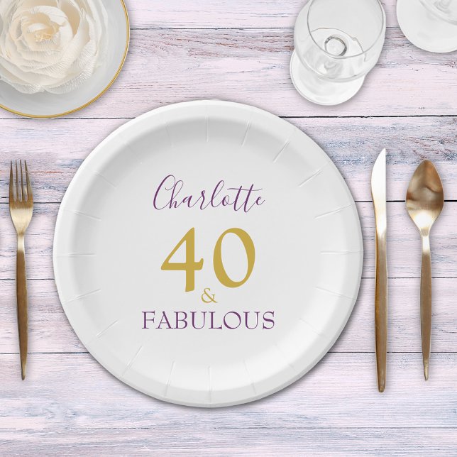 40 and Fabulous Chic Elegant 40th Birthday Paper Plate (40 and fabulous elegant purple and gold typography personalized 40th birthday party paper plate)