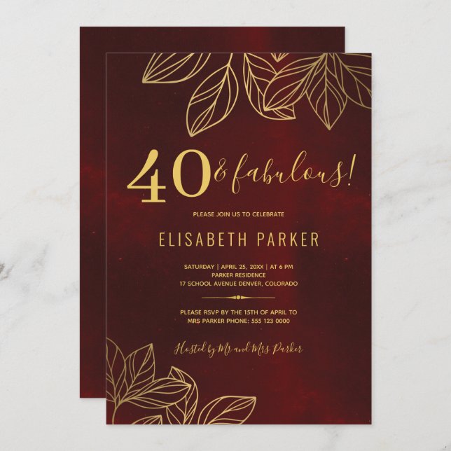 40 and fabulous dark red gold 40th birthday party invitation (Front/Back)