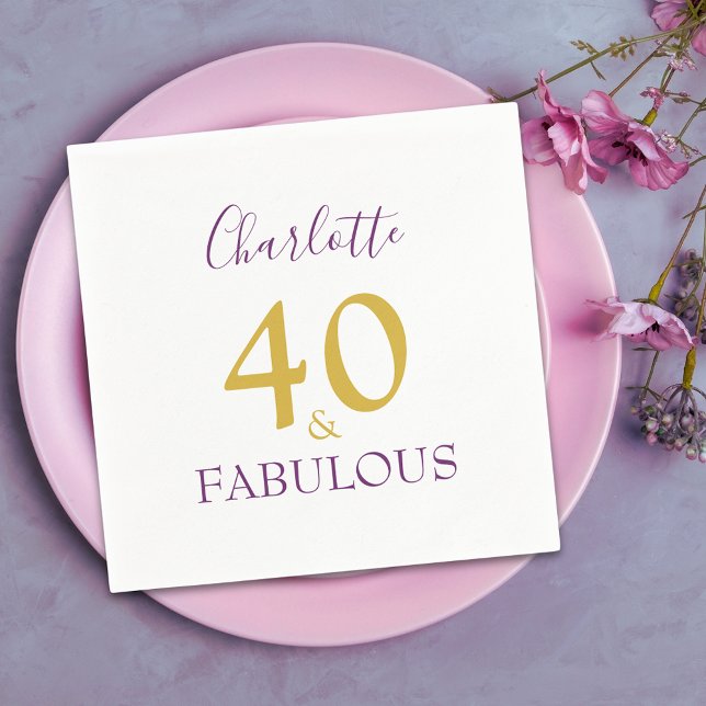 40 and Fabulous Elegant 40th Birthday Napkin (40 & fabulous stylish minimalist purple and gold typography personalized paper napkins )