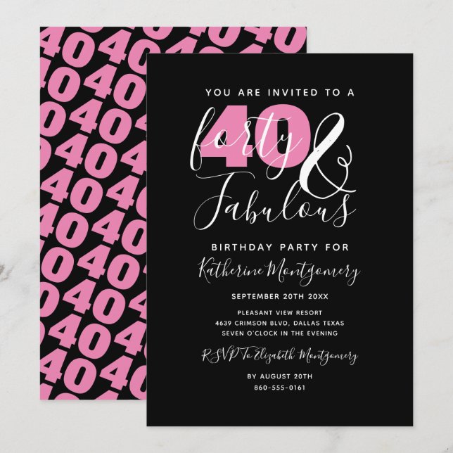 40 And Fabulous Elegant 40th Birthday Party Invitation (Front/Back)