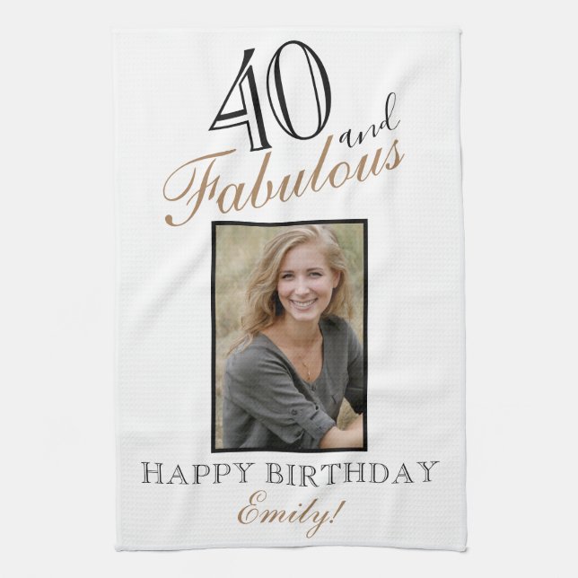 40 and Fabulous Elegant 40th Birthday Photo Tea Towel (Vertical)