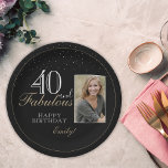 40 and Fabulous Elegant Black 40th Birthday Photo Paper Plate<br><div class="desc">40 and Fabulous Elegant Script Black 40th Birthday Photo Paper Plate. The design has a modern typography 40 and Fabulous,  Happy birthday text and the name in white and golden colours - personalise the plate. Insert your photo into the template and make your own special party plate.</div>