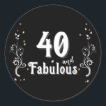 40 and Fabulous Foliage 40th Birthday  Classic Round Sticker<br><div class="desc">40 and Fabulous Foliage 40th Birthday Stickers. 40 and fabulous text in trendy white script with a name and white foliage on a blackbackground. Personalise it with your age.</div>
