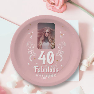 40 and Fabulous Foliage Pink Photo 40th Birthday  Paper Plate