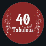 40 and Fabulous Foliage Red 40th Birthday  Classic Round Sticker<br><div class="desc">40 and Fabulous Foliage Red 40th Birthday Stickers. 40 and fabulous text in trendy white script with a name and white foliage on a red background. Personalise it with your age.</div>