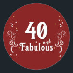 40 and Fabulous Foliage Red 40th Birthday  Classic Round Sticker<br><div class="desc">40 and Fabulous Foliage Red 40th Birthday Stickers. 40 and fabulous text in trendy white script with a name and white foliage on a red background. Personalise it with your age.</div>