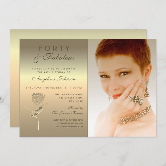 40 and Fabulous , Glamourous Gold Rose Flower Phot Invitation (Front/Back)