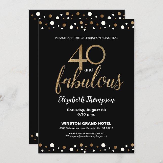 40 and fabulous Gold black 40th birthday Custom Invitation (Front/Back)